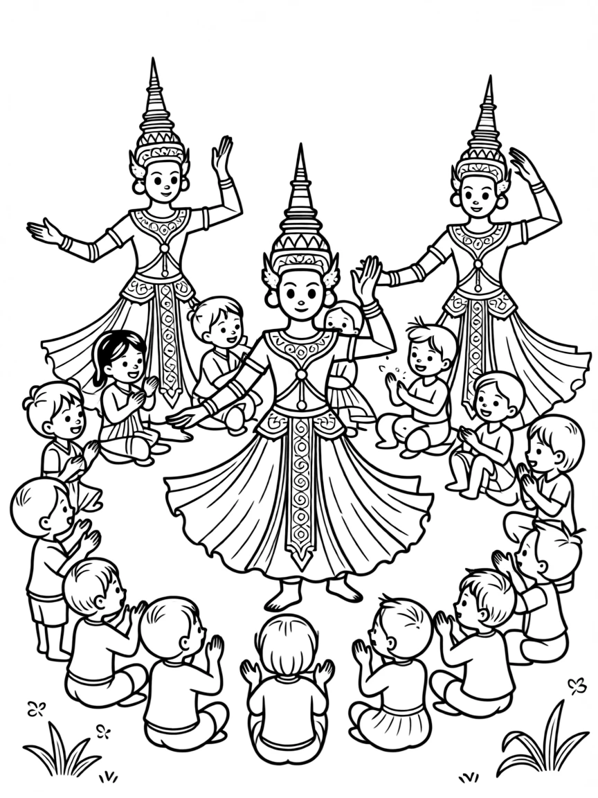 A coloring page bursting with rhythm from Cambodia, showing dancers with tall golden headdresses performing the graceful Apsara dance, with an audience of clapping children gathered around in a circle.