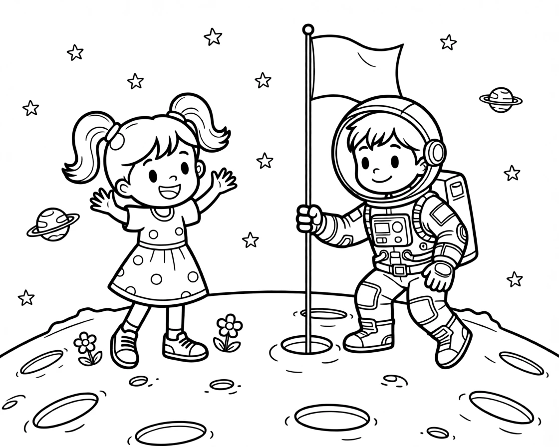 a mischievous little girl waves to an astronaut friend planting a flag on a cratered moon surface.