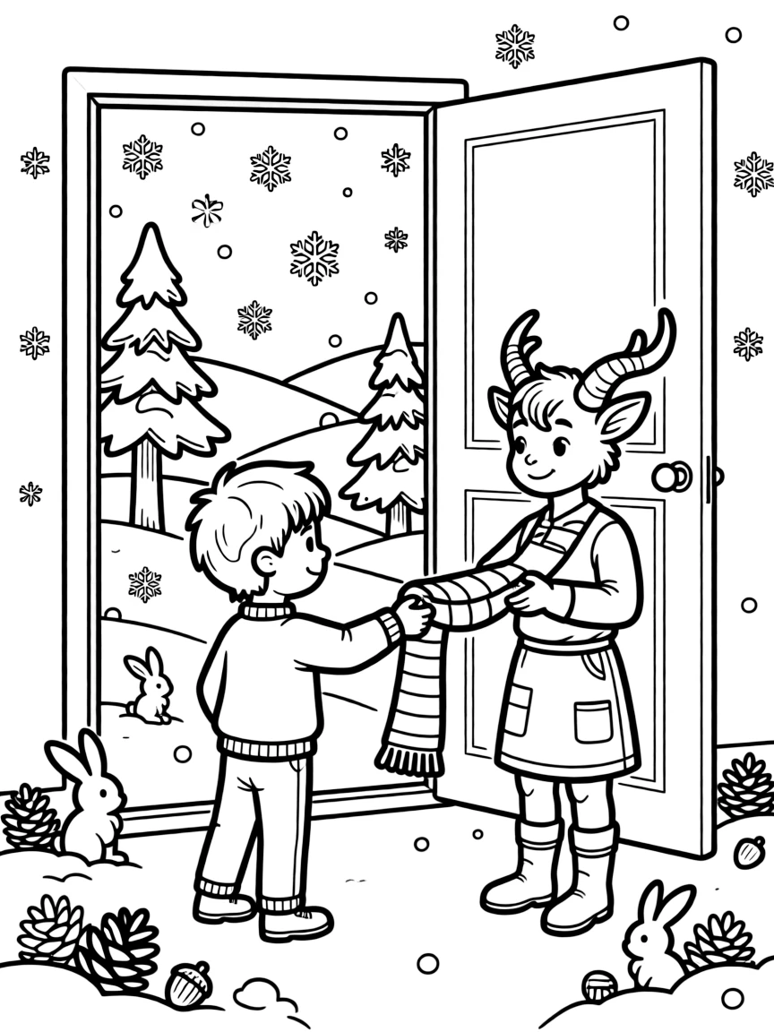 A young boy discovers a door in his closet leading to a snowy magical kingdom, a friendly faun waiting to greet him with a scarf.