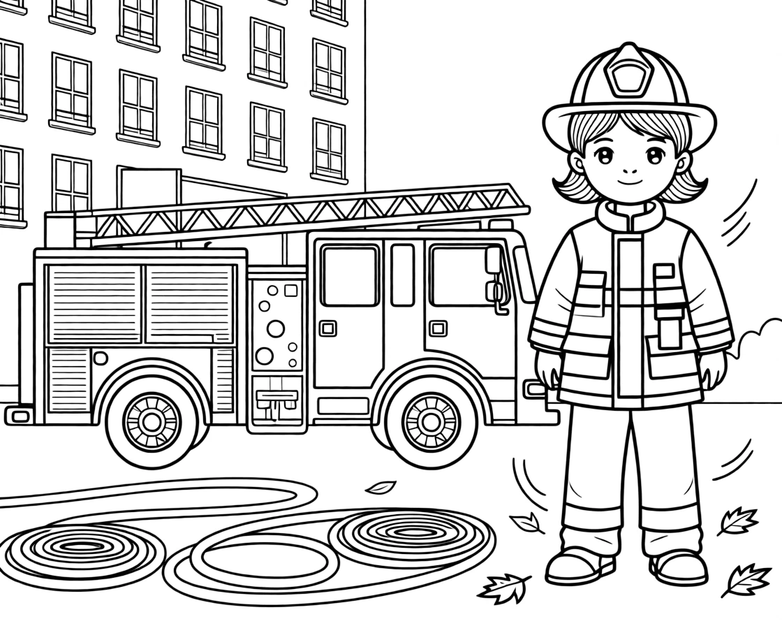 [Firefighters] a young firefighter-in-training standing proudly beside a fire truck outside a tall building. In the background, hoses coil across the ground, adding extra fun to explore. A sturdy helmet and coat complete the uniform. It all happens on a crisp autumn afternoon, with a light breeze blowing.