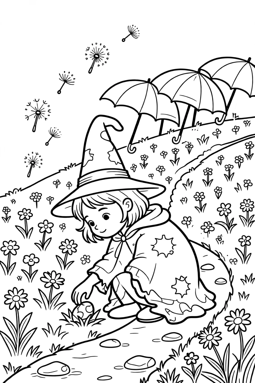 A young witch in a pointy hat and patched cloak is searching for hidden eggs tucked in the grass on a mountain trail dotted with wildflowers. Just beyond, floating dandelion seeds catching the light and a row of colorful umbrellas add a sprinkle of wonder to the moment.
