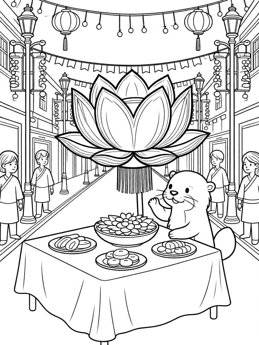 A lotus-shaped paper lantern glowing softly in a lively parade winding through a decorated street, with a playful otter playing close by amid a table set with special holiday dishes and a bowl of fresh flower petals.