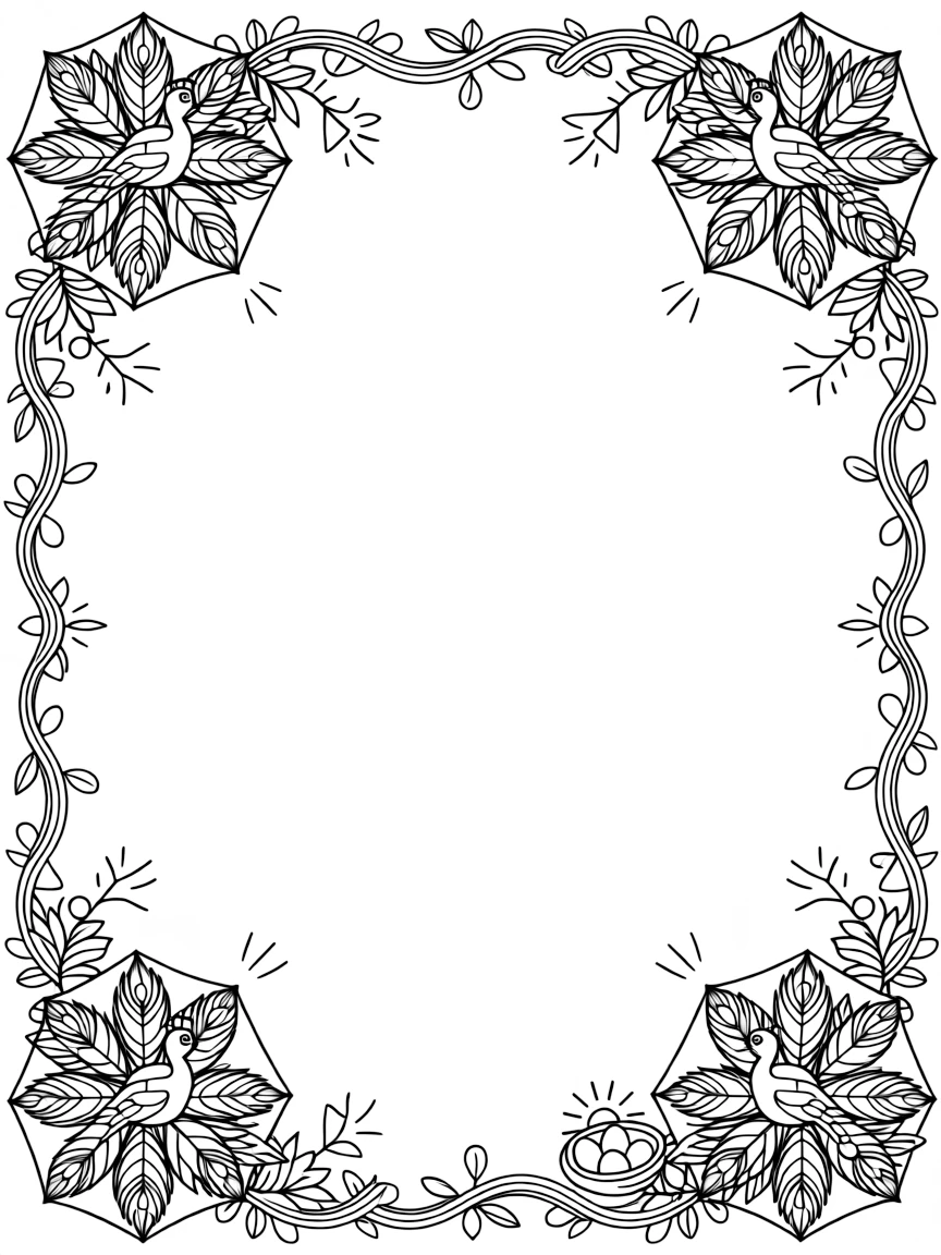 Birds: The page centers on a repeating motif of a peacock with a fully fanned tail of feathers, built around a hexagon-based mandala built from six matching wedges. The motif is placed at each of the four corners in matching pairs, connected by a looping border pattern around the edge. Decorative details fill the surrounding space, including rays fanning out like a small sunburst, clusters of tiny bells, and layered leaf clusters woven throughout the background. A playful extra touch completes the page: a tiny nest holding three small eggs tucked into the pattern.