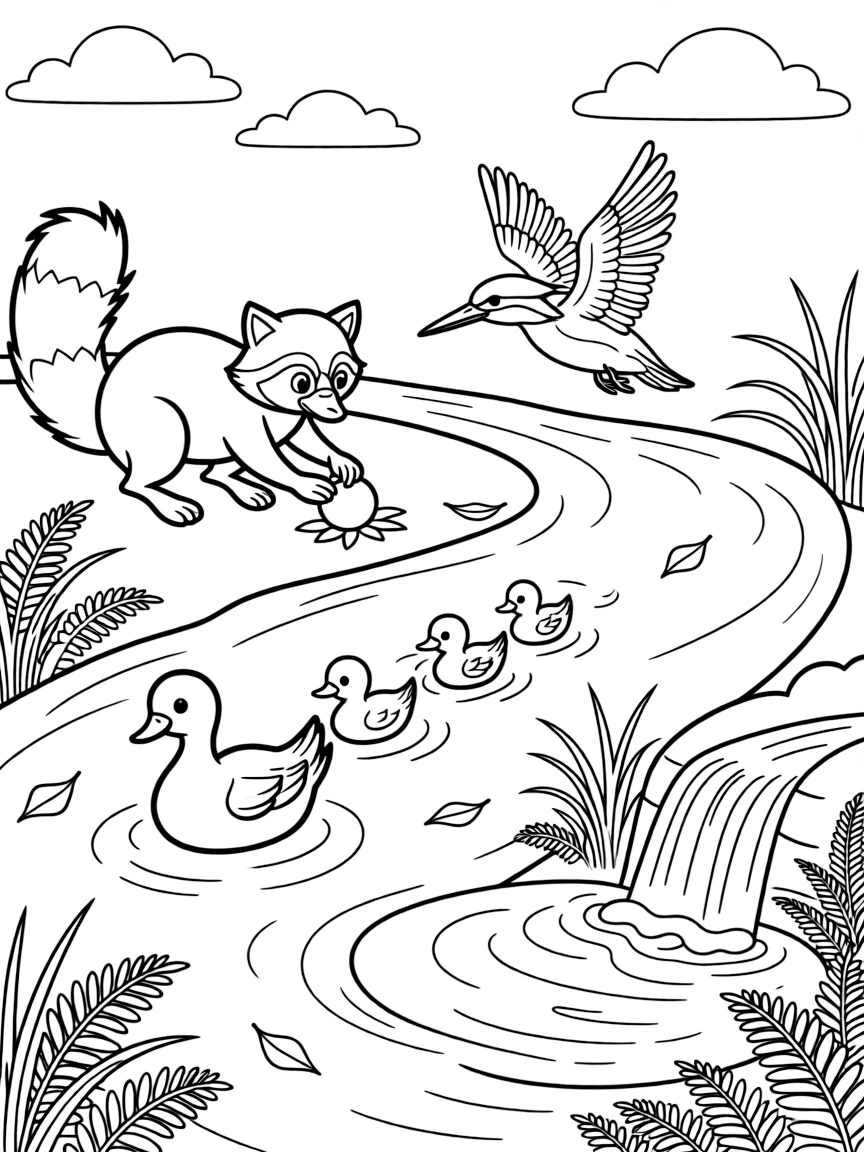 [River Adventures] A curious raccoon washes a shiny berry at the river's edge before scampering back to shore. A kingfisher darts across the river as ducklings paddle in a neat row behind their mother. The river winds past a small waterfall tumbling into a clear pool ringed with ferns. A gentle current carries fallen leaves downstream beneath a sky full of drifting clouds.