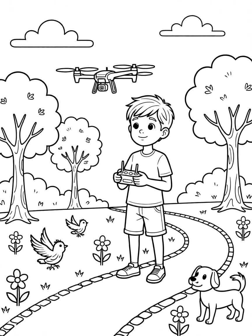 A drone pilot flies a small quadcopter over a park using a handheld controller.