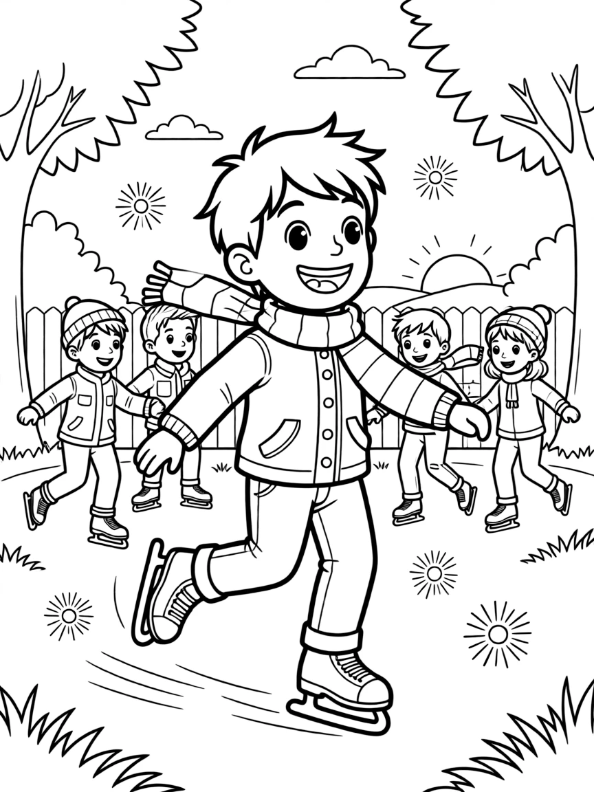 A boy with a missing front tooth ice skating with a whole class of friends in the backyard with fireflies glowing at dusk.