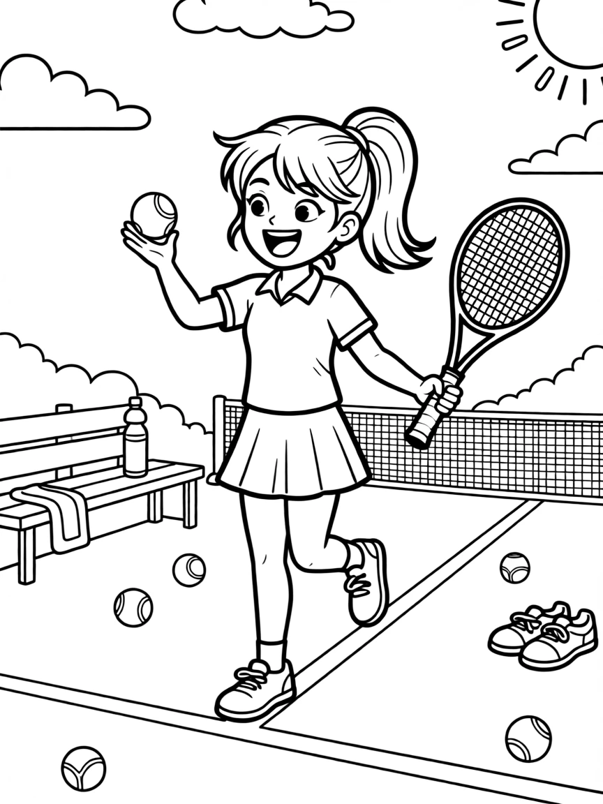 An energetic girl with a big smile, bouncing the ball before serving, focused and ready at the baseline.