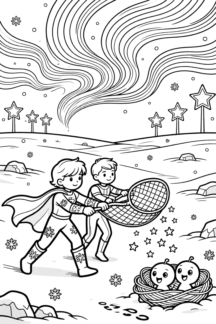 Twin superhero siblings Vega (ice-powered) and Circuit (super-fast) catching falling stardust in a giant net before it hits the city, in a snow-covered tundra planet with auroras dancing overhead, with a row of streetlights shaped like glowing stars and a nest of baby alien creatures chirping happily nearby.
