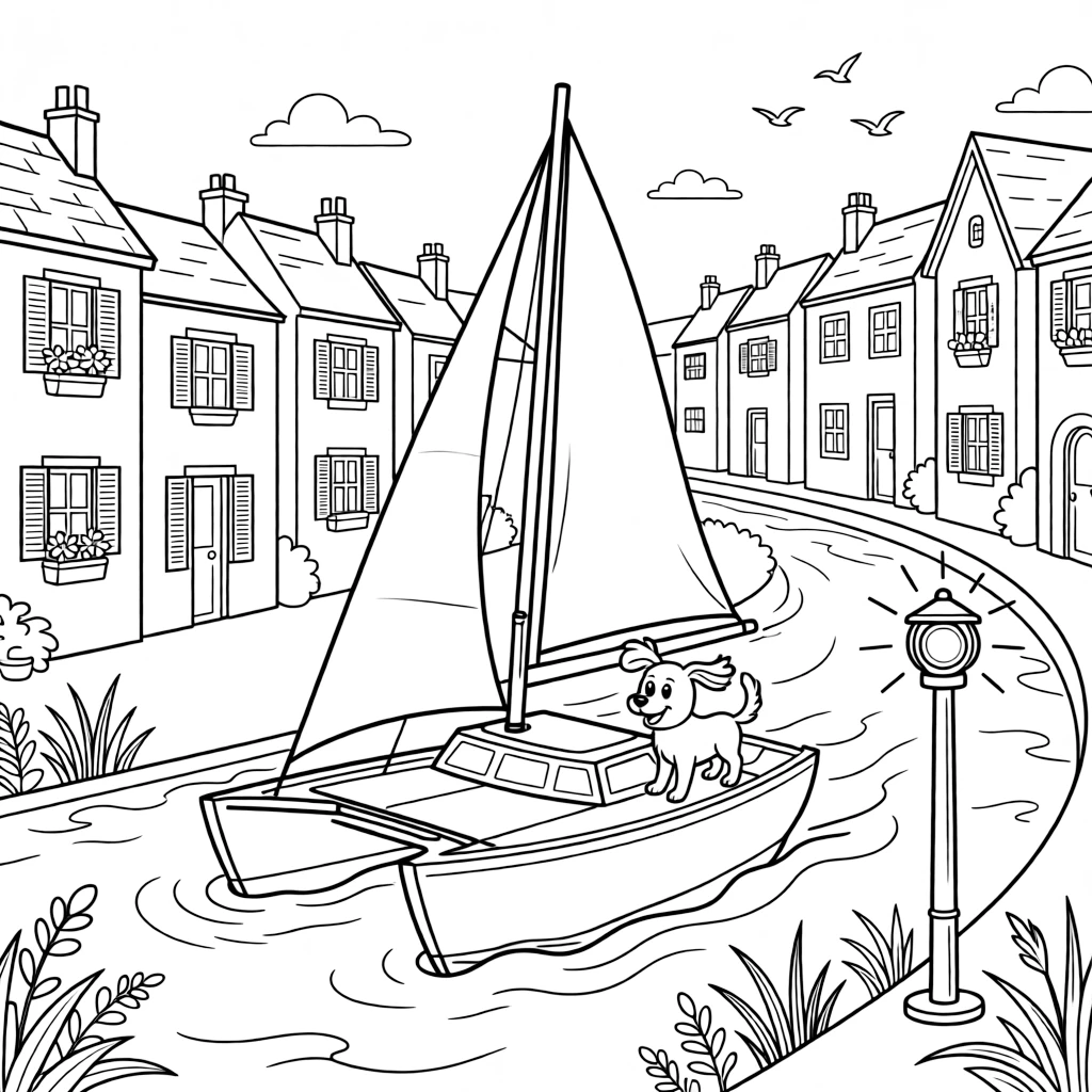 This coloring page shows a two-hulled catamaran cutting smoothly through the surf making its way across a winding canal lined with cheerful painted houses, accompanied by a friendly dog with its ears flapping in the wind, while a signal light blinking cheerfully adds extra charm to the scene.