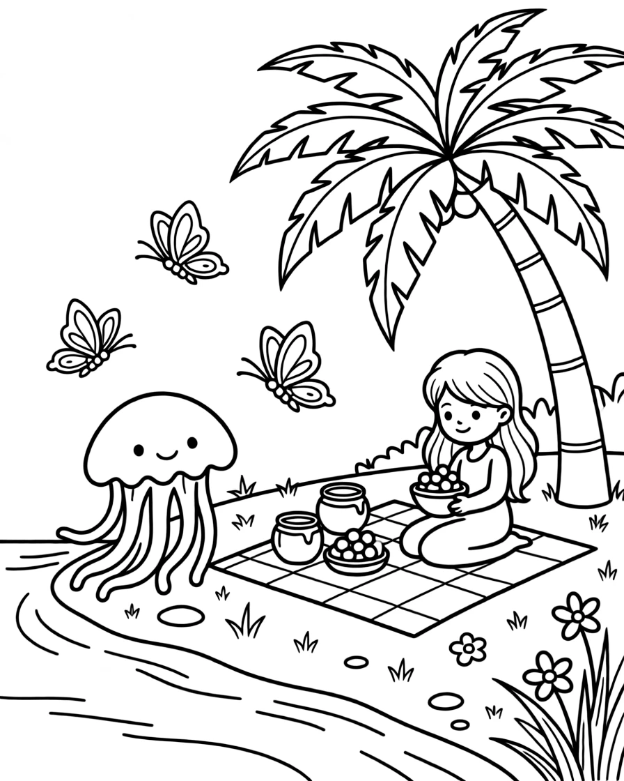 A jellyfish on a riverbank at dawn, sharing a picnic of berries and honey with a gentle forest spirit, next to a tropical palm tree, surrounded by fluttering butterflies.