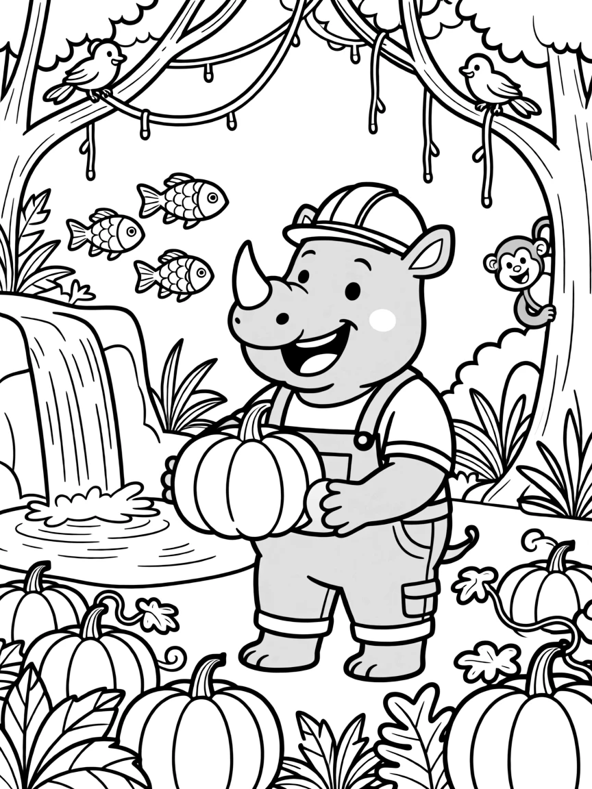 A silly rhino construction worker takes a break from adventures to try gathering pumpkins for a harvest festival float in a jungle clearing with hanging vines and waterfalls, with a school of rainbow fish swimming past close behind. Everyone is laughing and having the best time.
