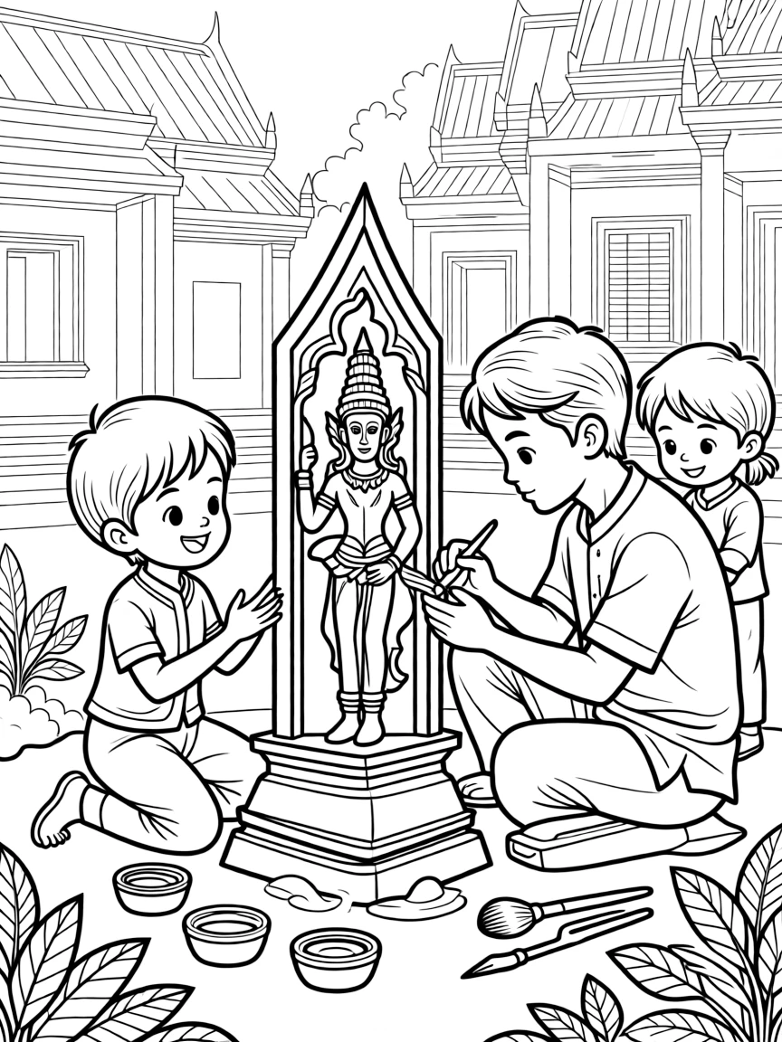 A coloring page of a child in Cambodia enjoying a craftsman carving a small stone relief of a temple dancer, surrounded by colorful supplies and a curious sibling watching closely.