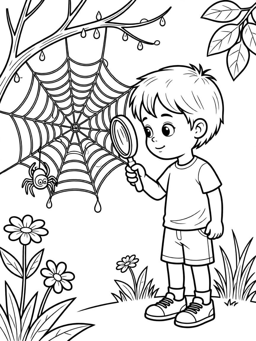 a bold small child examines a spider's web glistening with morning dew using a magnifying glass.