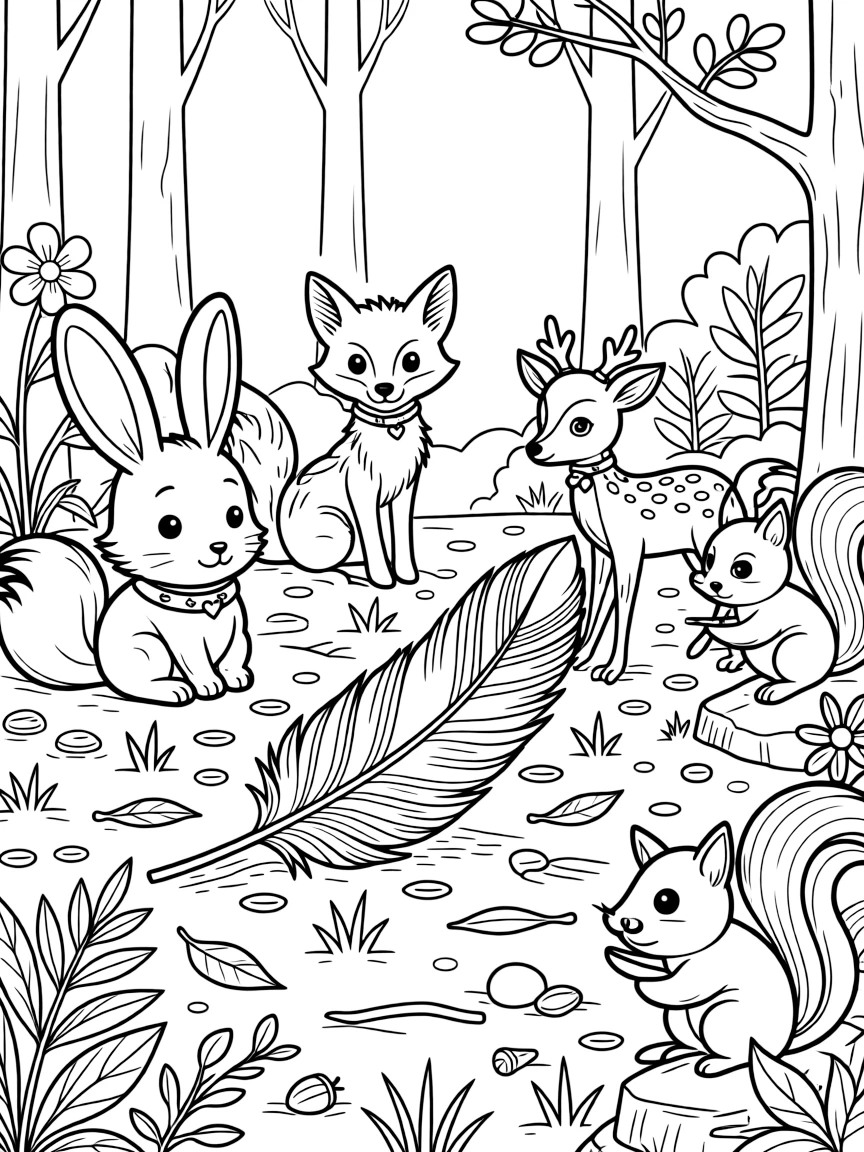 A phoenix feather glows softly on a forest floor, drawing curious woodland creatures who gather around its magical light.