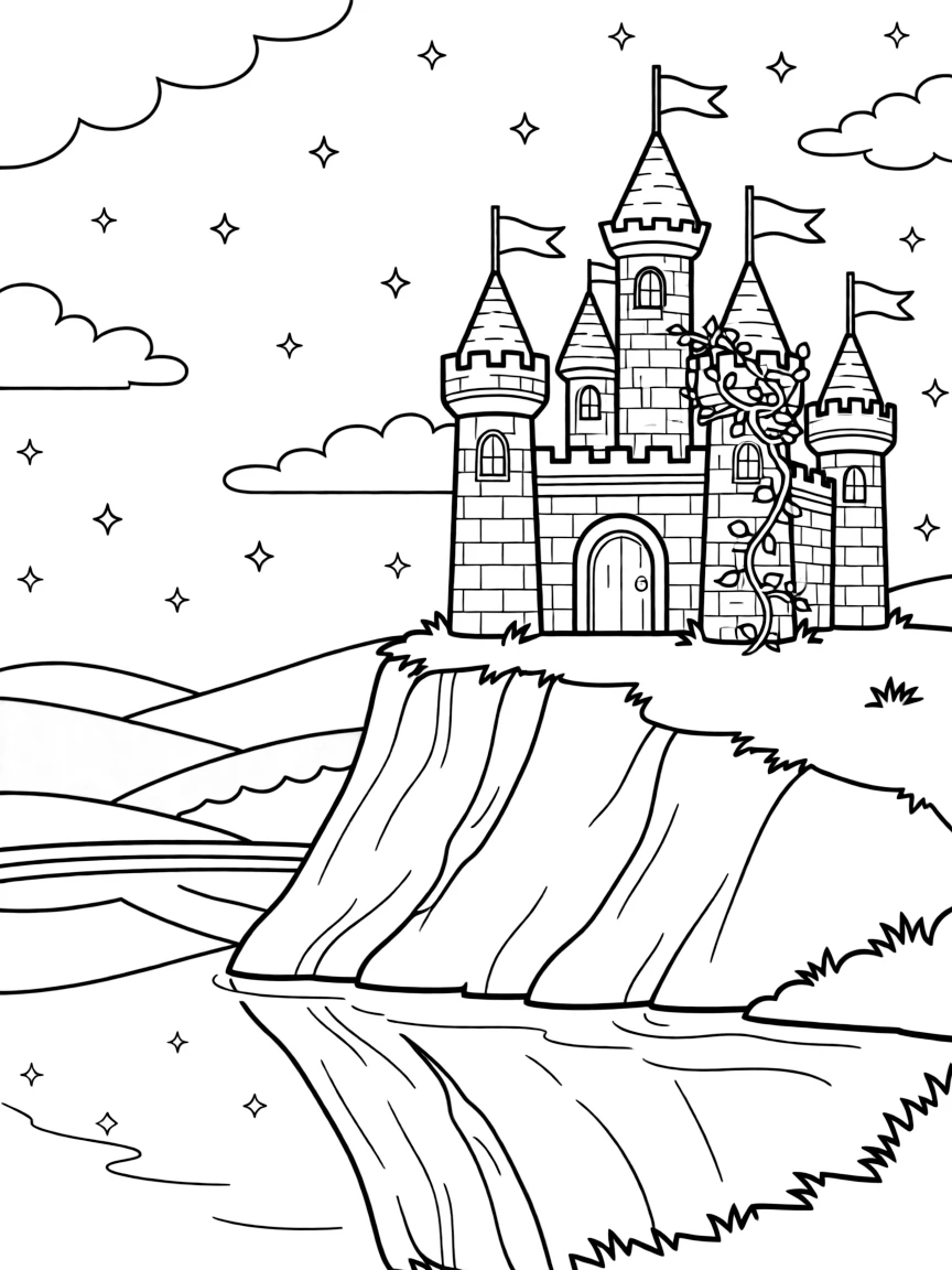 [Castles] a castle perched on a cliffside reflecting in a calm moat at the edge of a green valley. In the background, flags wave from every tower, adding extra fun to explore. Ivy climbs partway up one tower. It all happens under a starry night sky, with fluffy clouds drifting overhead.