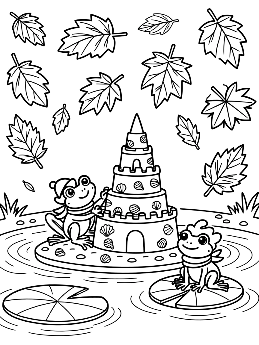 A hopping green frog is building a tall sandcastle decorated with seashells beside a sparkling pond dotted with lily pads. Scattered nearby, a friendly frog perched on a lily pad and swirling autumn leaves in every color bring the scene to life.