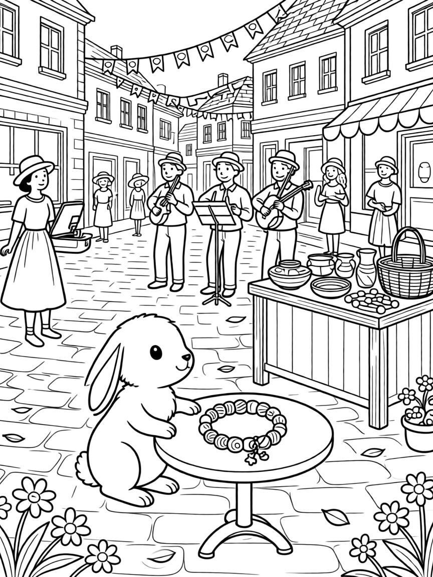 A floppy-eared bunny sitting beside a decorated thread bracelet on a small table in a bustling town square strung with colorful banners, with musicians playing lively instruments and a display of handmade crafts scattered about.
