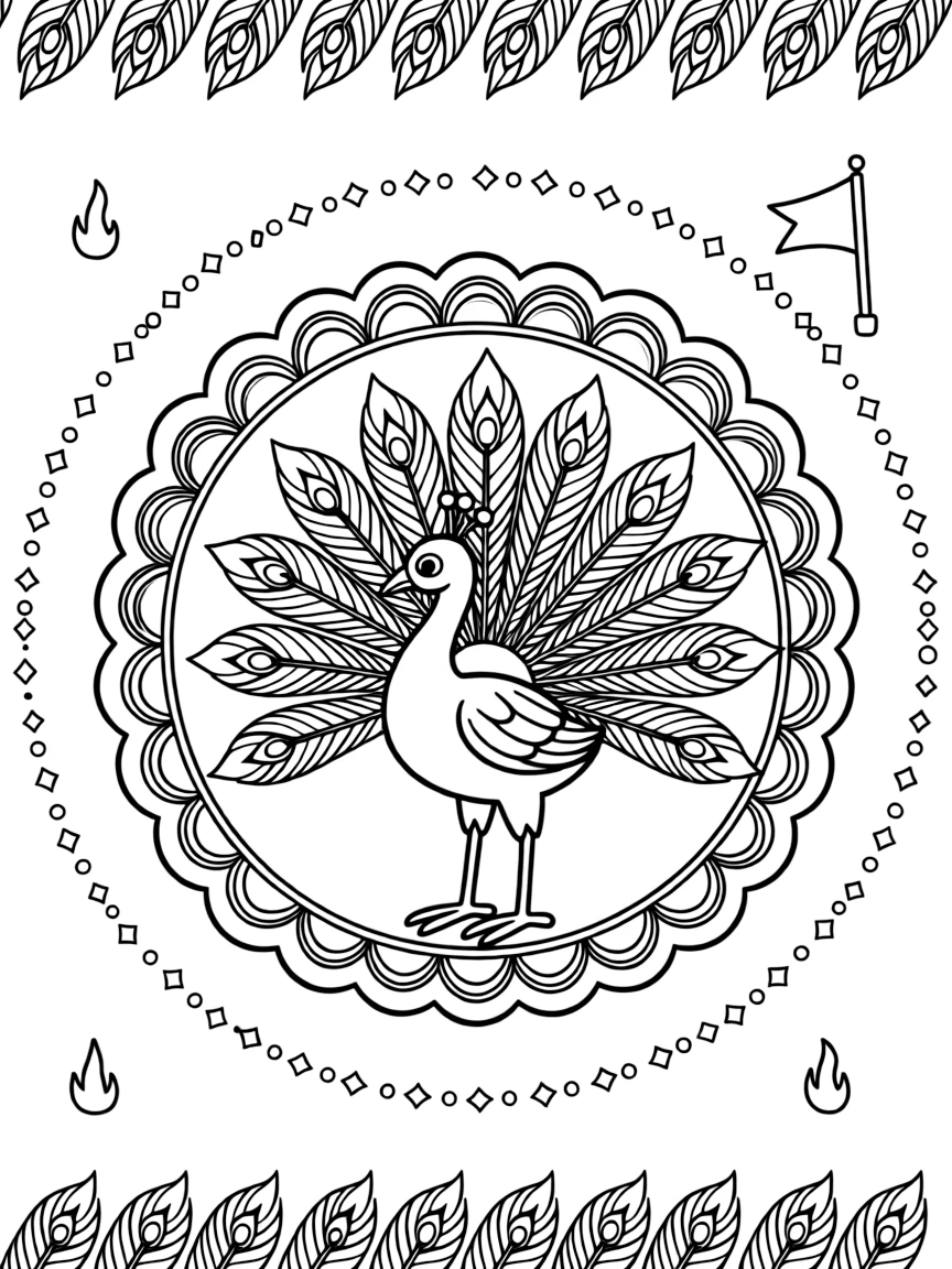 Birds: The page presents a small themed scene built around a peacock with a fully fanned tail of feathers, tied together by a scalloped wreath mandala with rounded overlapping arcs. The scene is placed centrally within a scene bordered top and bottom by mirrored rows of smaller matching details. Decorative details fill the surrounding space, including a repeating chain of small diamonds, a trail of evenly spaced dots, and flame-shaped tips curling upward woven throughout the background. A playful extra touch completes the page: a small flag on a stick poking out from one side of the pattern.