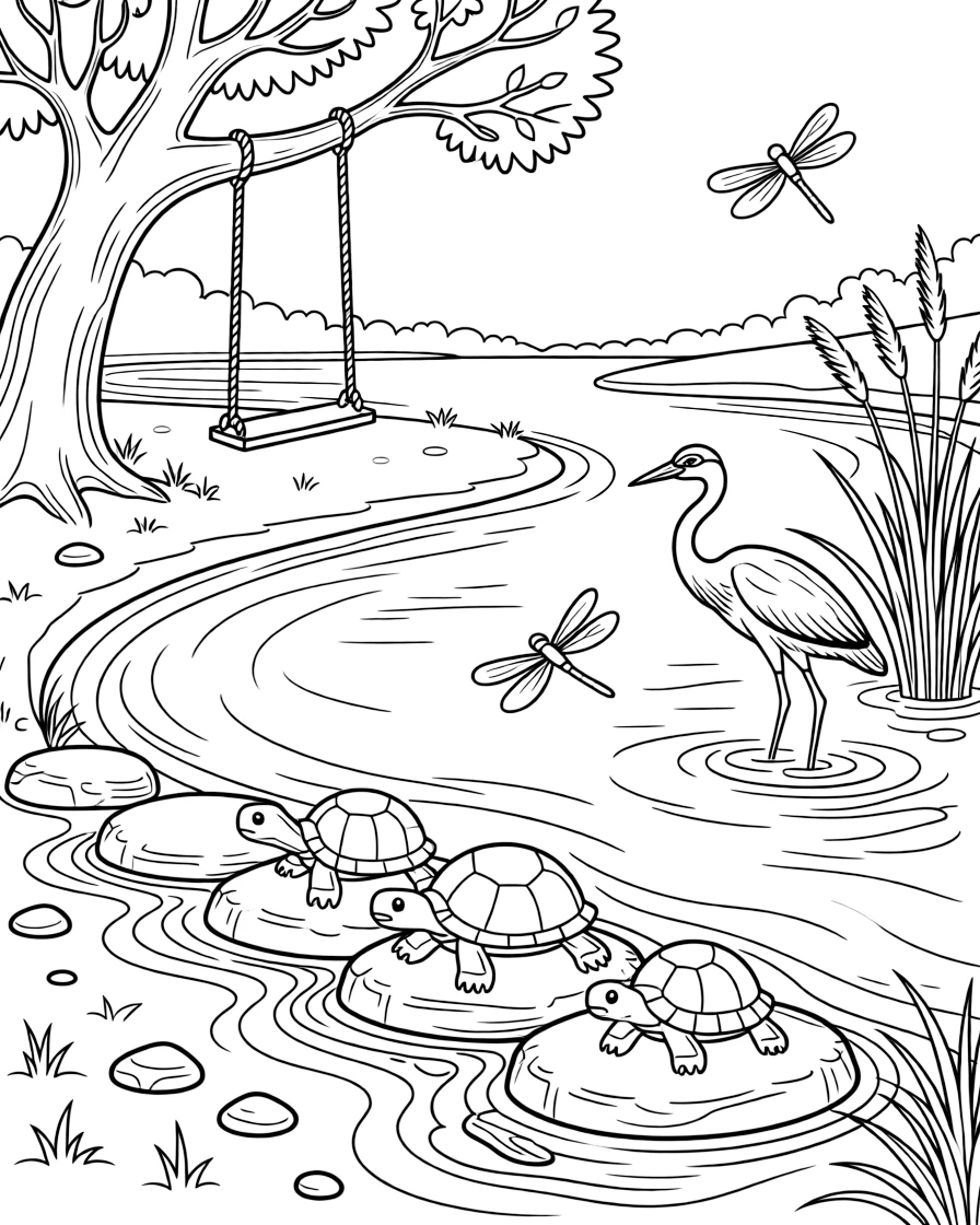 [River Adventures] A family of turtles suns themselves on a row of flat stones poking out of the current. Dragonflies hover above the water while a heron wades slowly near the reeds, hunting for fish. A rope swing hangs from an old tree over a wide, calm bend in the river. Golden afternoon light glows on the water as dragonflies dance above the surface.