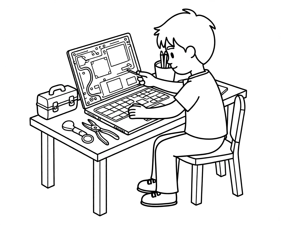 A computer repair technician opens a laptop case to fix a wire on a workbench.