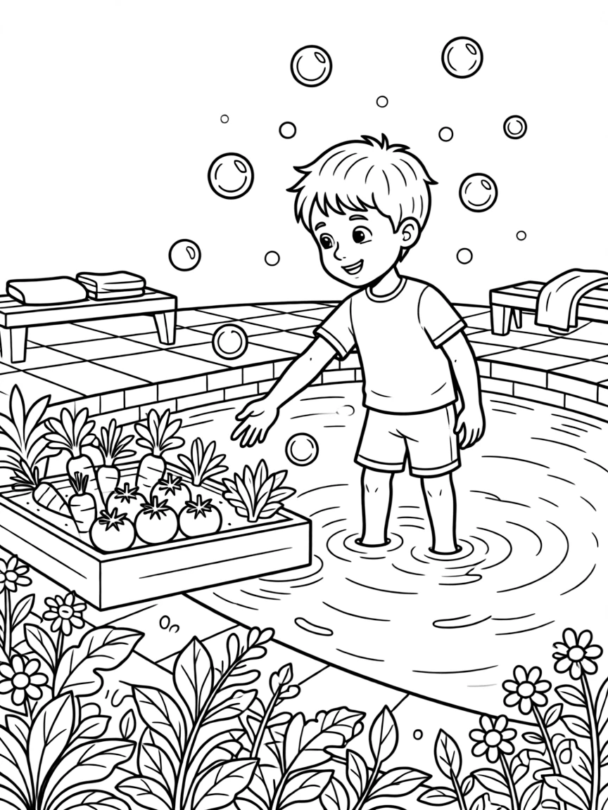 An older brother choosing fresh vegetables at the community pool as soap bubbles float upward.