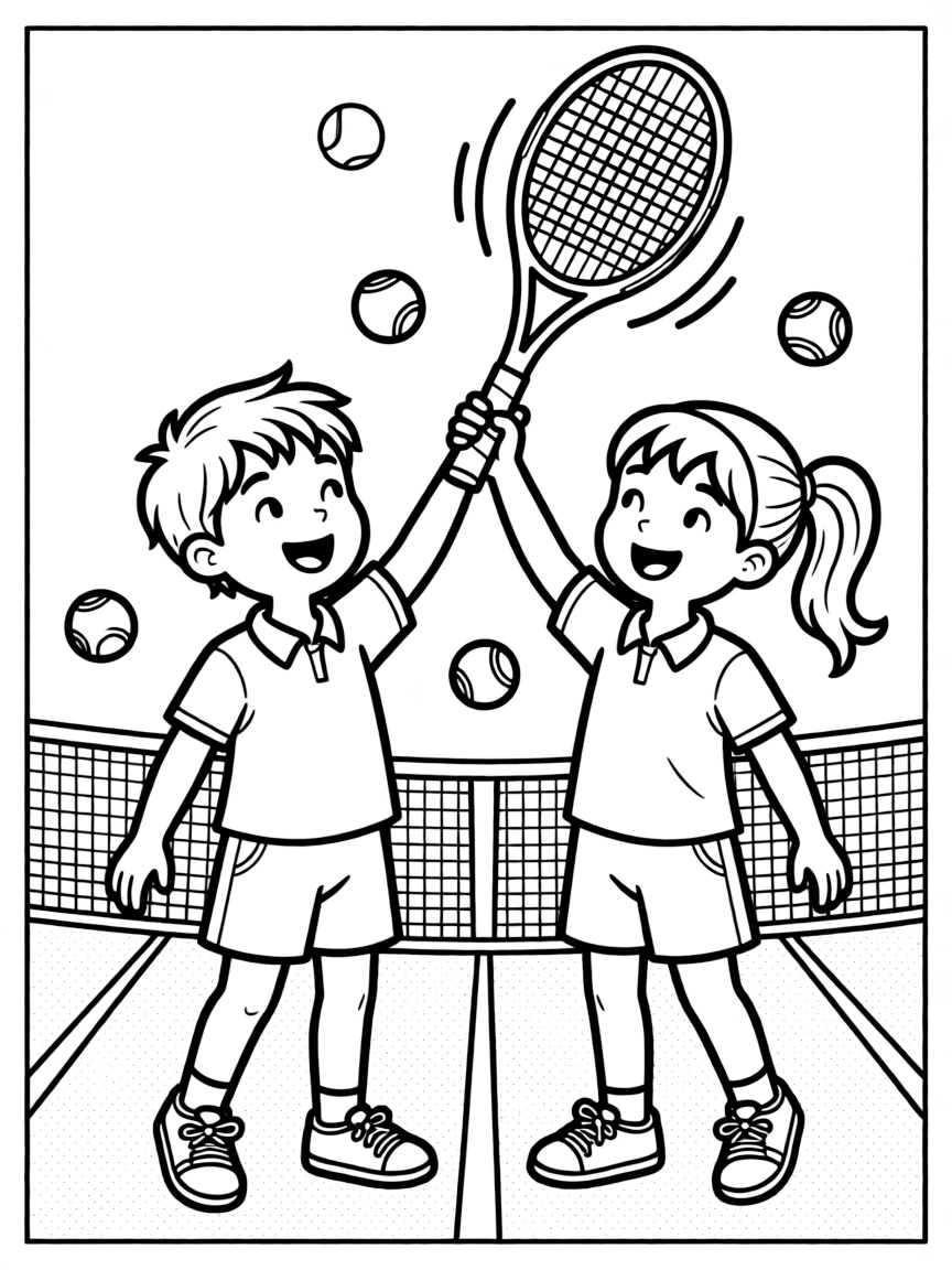 A pair of twin siblings, celebrating match point by tossing the racket gently into the air.