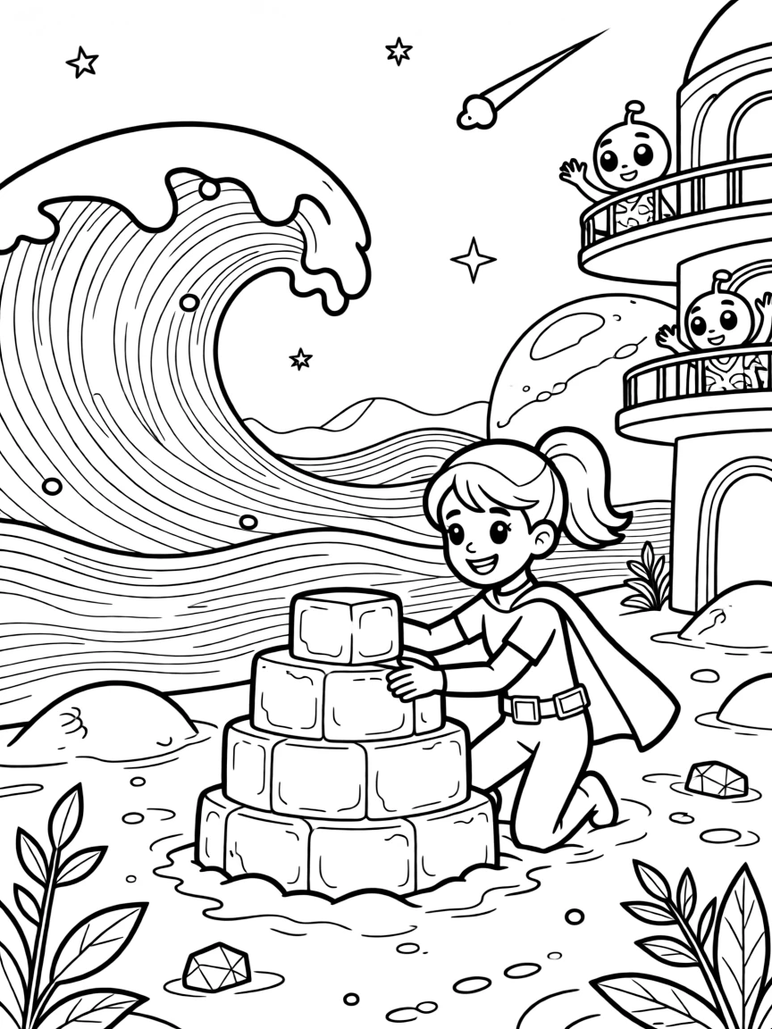 In a beach on a red planet with waves of shimmering dust, Doctor Ruby, a determined plant-controlling superhero kid building a snow fort out of frozen comet ice, while friendly aliens waving from nearby balconies adds to the excitement.