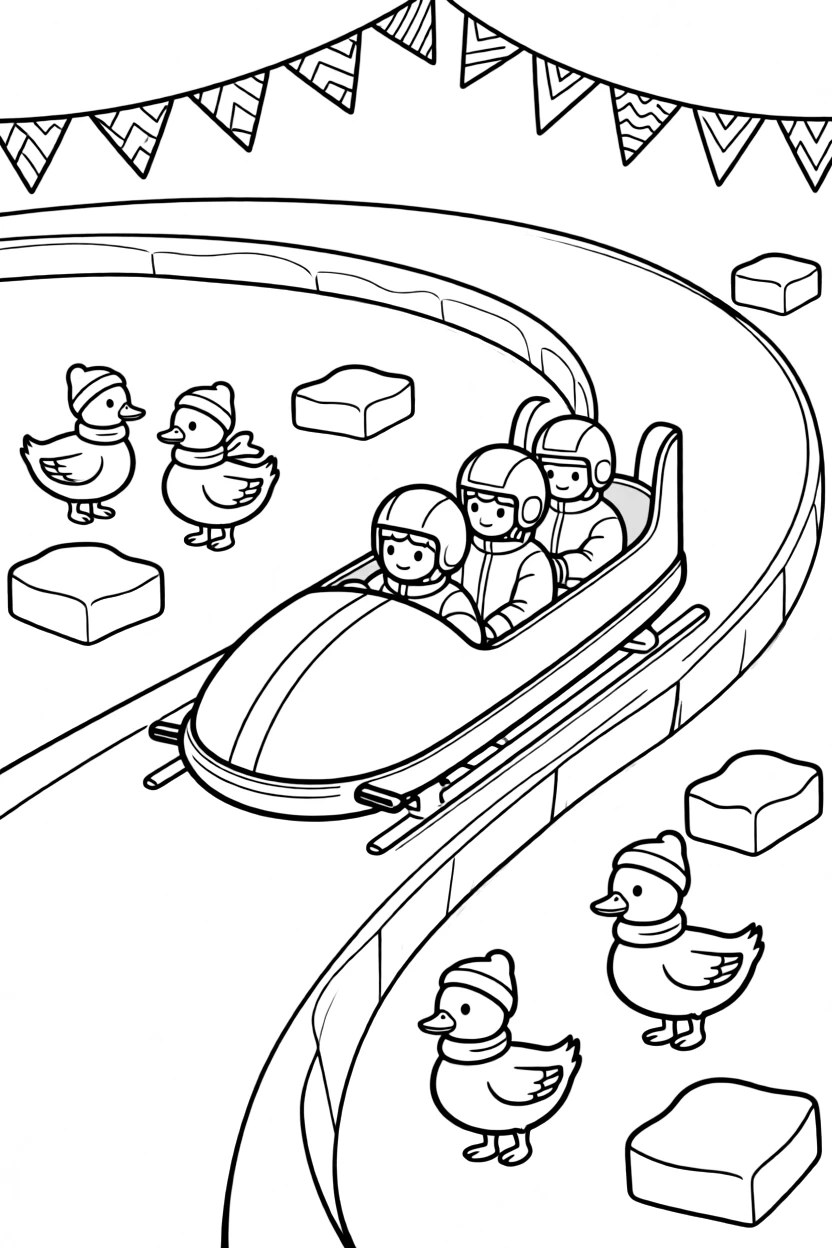 A bobsled team zooming down an icy curved track takes center stage in an icy arctic field with drifting chunks of blue-white ice, where a family of ducks waddling alongside can be seen nearby, surrounded by a string of triangle pennant flags overhead.