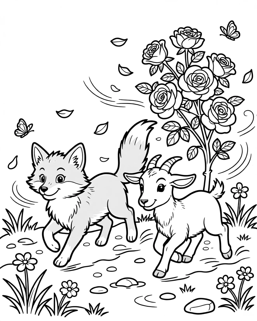 A arctic fox in a coral reef, racing playfully alongside a goat kid, next to a rose bush, while a gentle breeze scatters flower petals.
