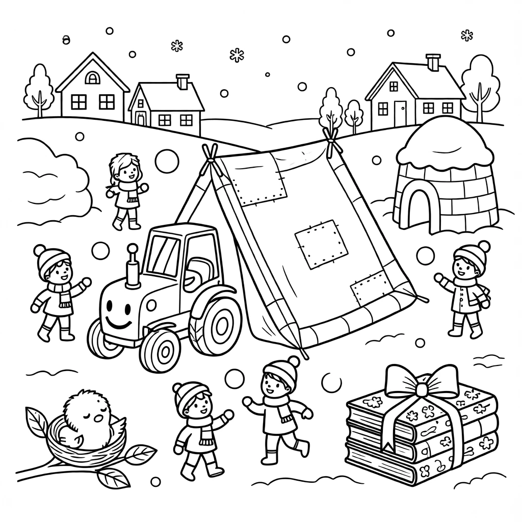 At a snow fort during a gentle snowball fight, a wobbly tractor with a friendly face is busy building a blanket fort shaped like a spaceship, cheered on by a nest of sleepy baby birds and a stack of picture books tied with ribbon. The whole neighborhood has come out to join the fun.