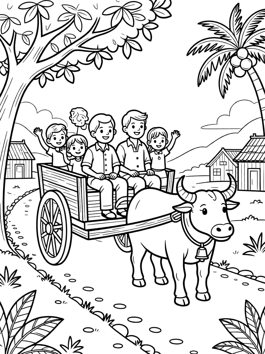 A coloring page of a family riding in a wooden ox cart along a village road in Cambodia, showing grandparents, parents, and children all taking part together in the fun.