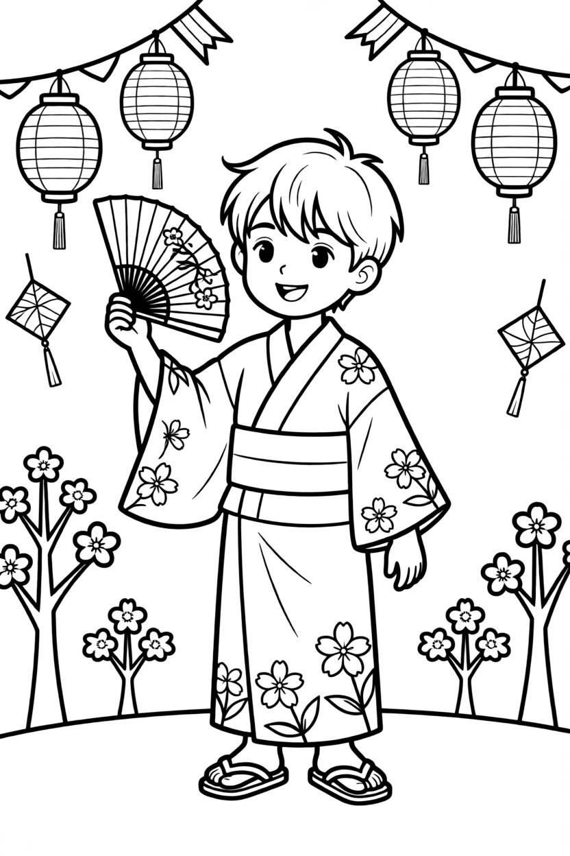 a curious little boy tries on a kimono and waves a paper fan during a cultural festival day.