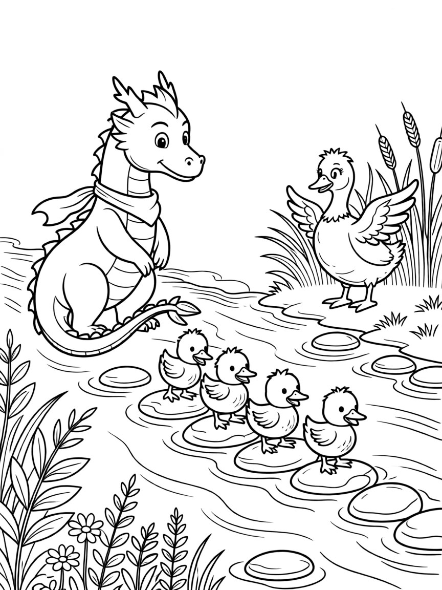 A dragon uses its long tail to help a group of lost ducklings cross a rushing river, gently guiding them to their worried mother.