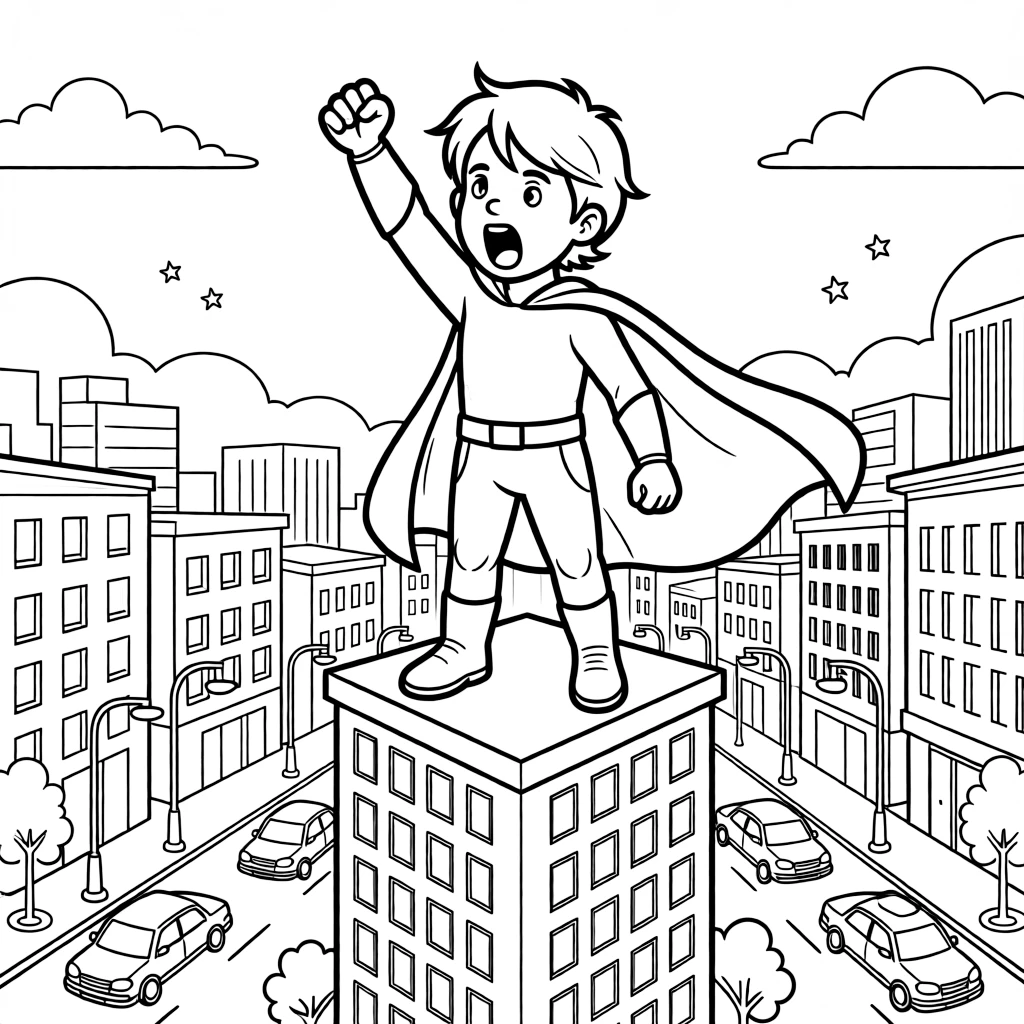 [Superheroes] A dynamic scene shows a young superhero-in-training striking a heroic pose atop a building above busy city streets, letting out a triumphant roar. Close by, city lights twinkle below in the evening. Sturdy boots complete the heroic costume. The moment unfolds at sunset, under clear blue skies, filled with energetic detail perfect for a young colorist.