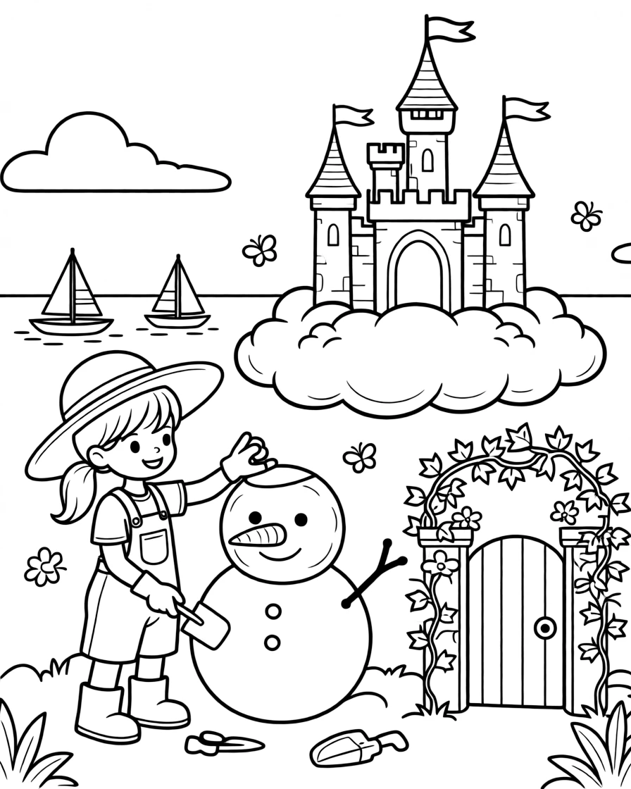 A girl gardener with a trowel and gloves is building a snowman complete with a carrot nose atop a fluffy cloud shaped like a castle. Nearby, little sailboats bobbing on the horizon and a garden gate covered in climbing ivy bring the scene to life.