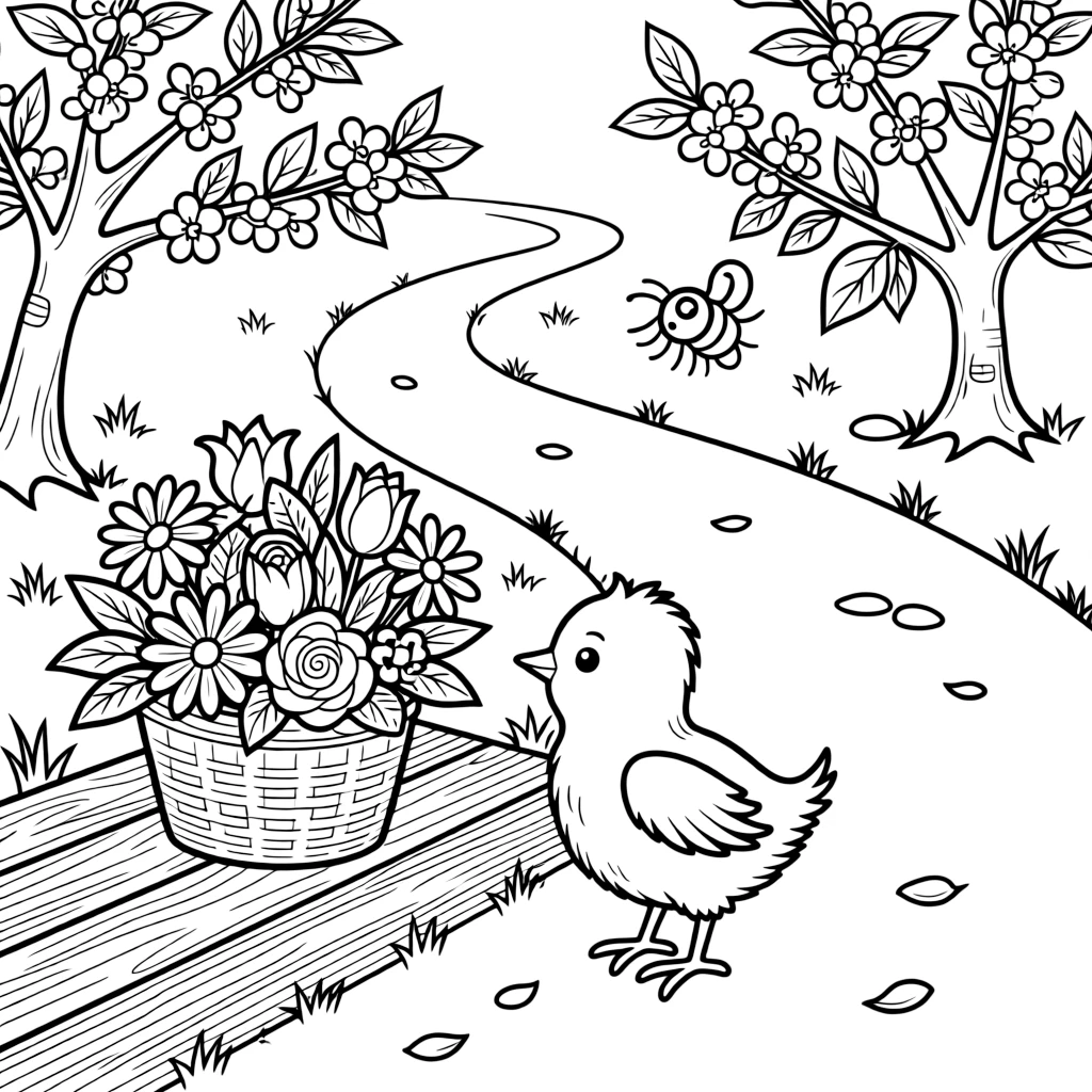 A tiny chick admiring a basket of flowers left on a doorstep along a path lined with blossoming cherry trees, near a bee buzzing near a blossom and a ladybug crawling on a leaf.