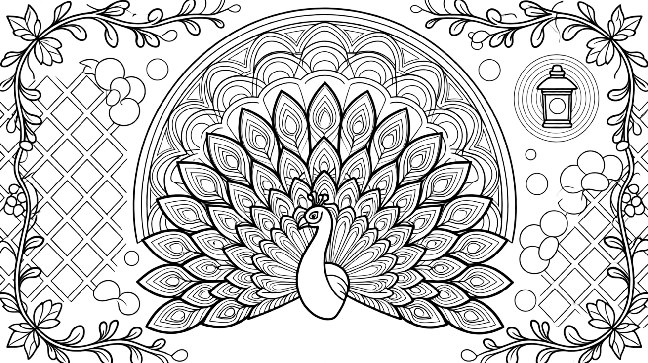 Birds: The design turns a peacock with a fully fanned tail of feathers into a kaleidoscope-style composition anchored by an arched dome mandala built from layered nested arches. The imagery is broken into repeating fragments that spin outward from the center in a kaleidoscope-style circle of matching wedges. Decorative details fill the surrounding space, including a grid of lattice diamonds, clusters of round bubbles, and twisting berry-vine garlands woven throughout the background. A playful extra touch completes the page: a little lantern glowing softly in one corner of the pattern.