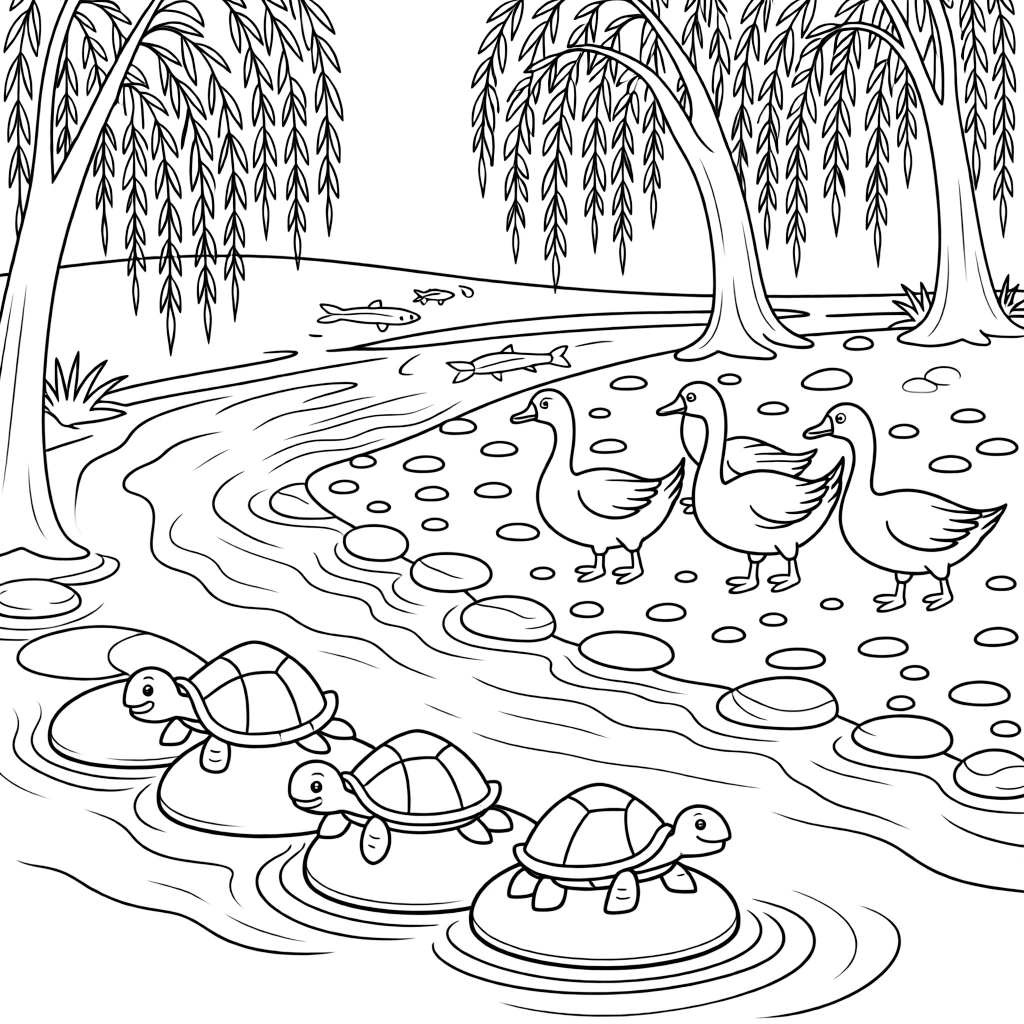 [River Adventures] A family of turtles suns themselves on a row of flat stones poking out of the current. A family of geese waddles along the shore while minnows dart through the shallow water. Willow trees dip their branches into the water beside a sandy bank scattered with pebbles. Warm summer light dances on the ripples as the current gently winds around smooth stones.