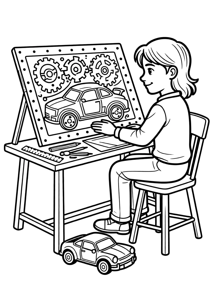 A mechanical engineer designs gears for a toy car on a large drafting screen.