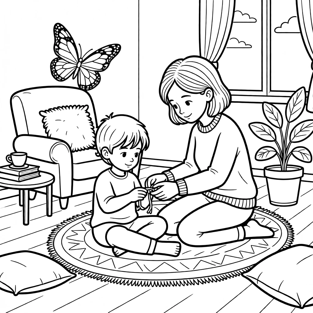 A young child braiding a friendship bracelet with an aunt in a cozy living room while a butterfly visits nearby.