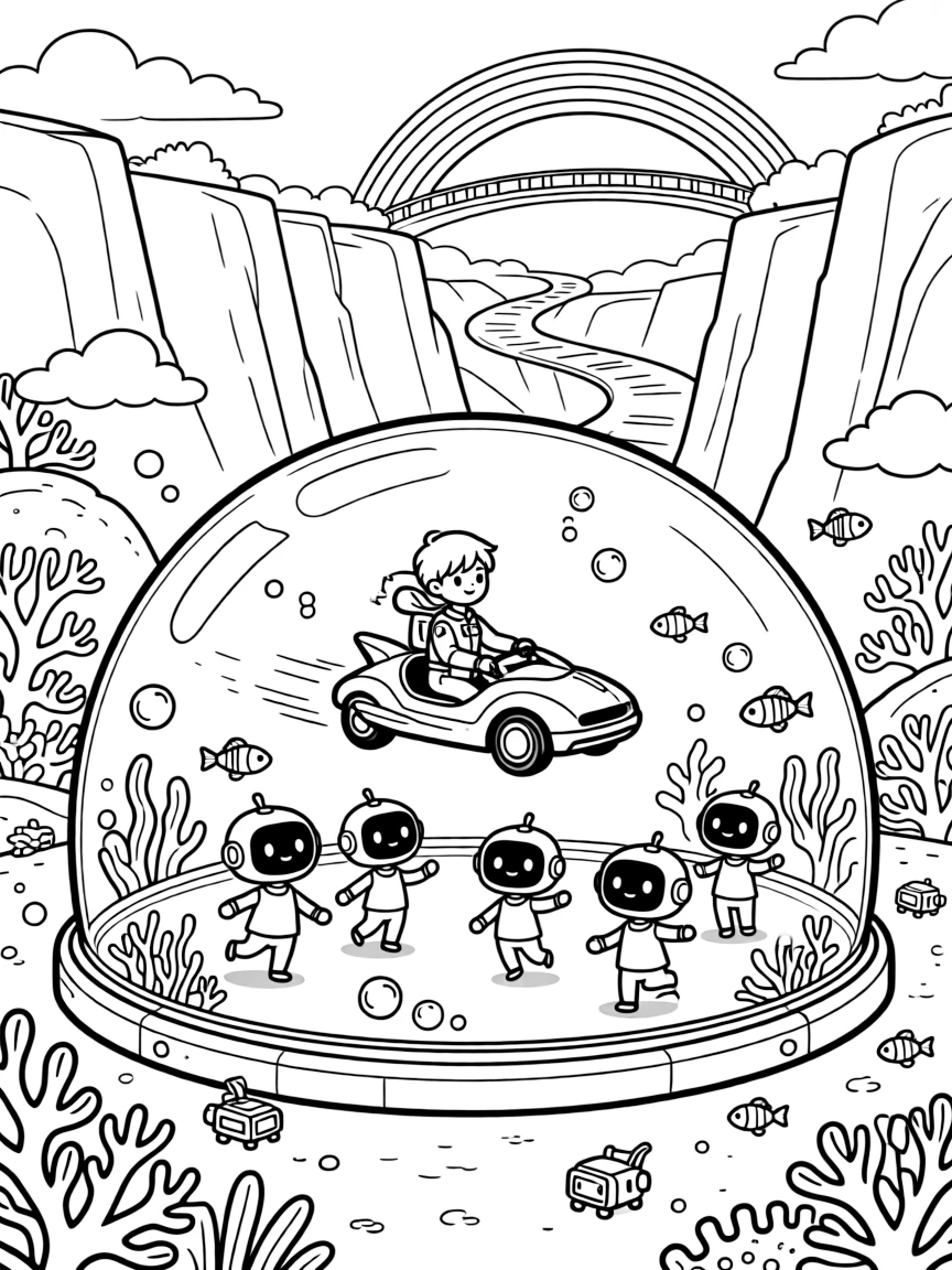 In an underwater dome city surrounded by coral reefs, pilot Photon zooming along on a hoverbike teaching baby robots their first dance moves at a robot school, while a rainbow bridge arching over a canyon adds to the excitement.