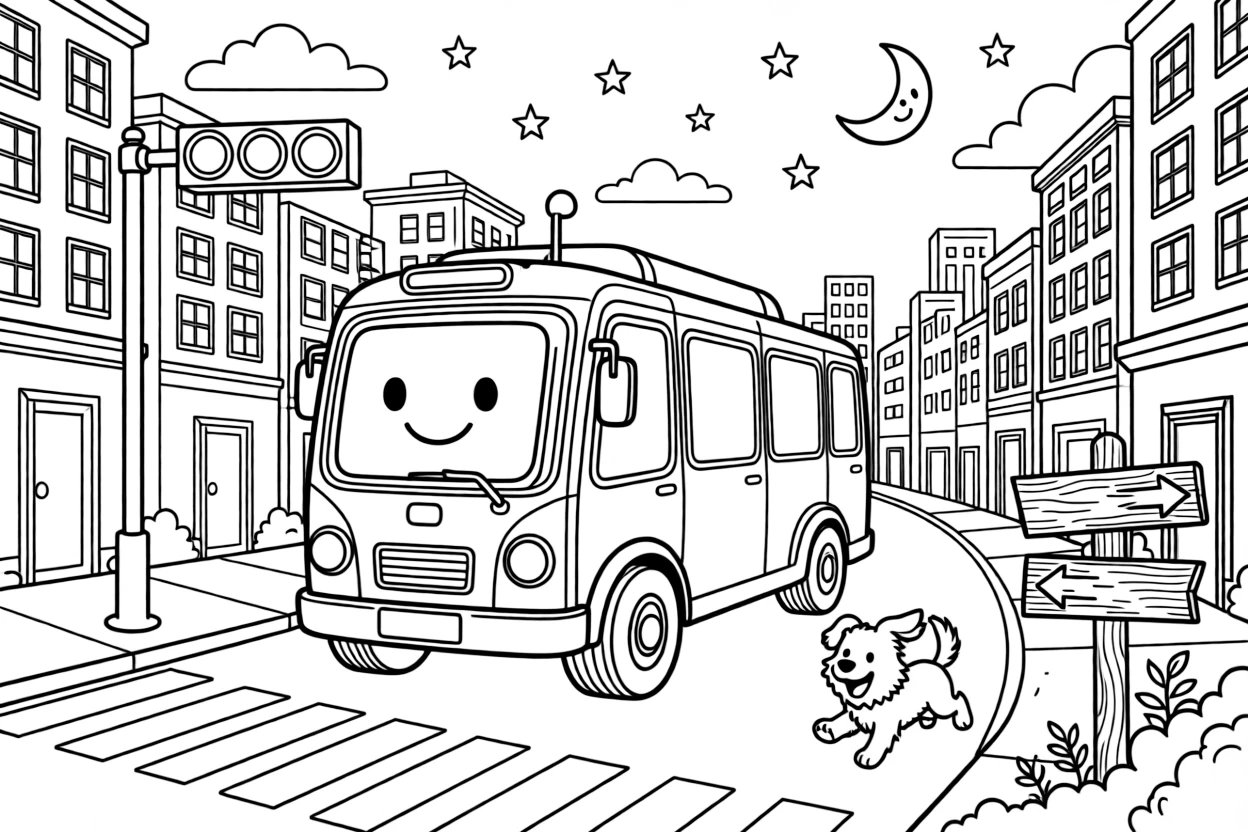 A coloring page featuring a friendly robot tour bus with a smiling screen face, traveling through a bustling city street lined with tall buildings and traffic lights, with an excited puppy chasing along the road and twinkling stars and a smiling crescent moon above and an old wooden signpost pointing to faraway towns filling the scene.