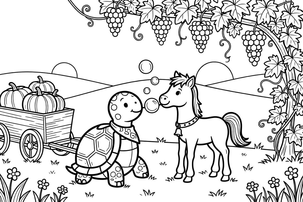 A tortoise on a farm at sunrise, blowing bubbles with a foal, next to a vine of grapes, with a wagon full of freshly picked pumpkins.