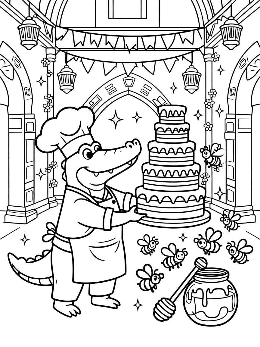 Sturdy and full of excitement, a crocodile chef spends the day baking a rainbow layer cake taller than the room at a royal castle courtyard decorated for a festival. Nearby, a swarm of bees buzzing around a honey jar adds to the fun. Sparkles and stars fill the air with magic.