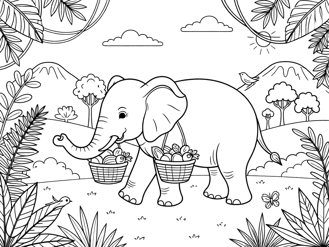 A coloring page of a gentle nature scene in Cambodia featuring a gentle Asian elephant carrying baskets through a jungle path, surrounded by plants, rolling hills, and a bright sky.