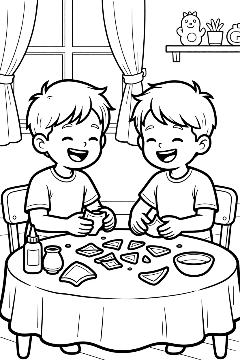 giggling twin brothers piece together broken pottery shards on a felt-covered table.