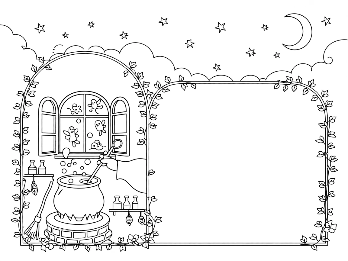 A witch's cauldron overflows with bubbles that turn into tiny floating creatures, drifting out the cottage window into the night sky.