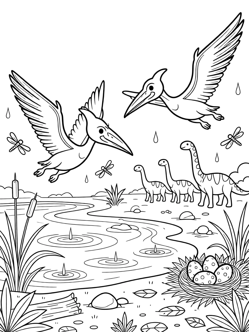 [Dinosaurs] a pair of playful pterodactyls chasing dragonflies near a swamp near a herd of grazing dinosaurs. In the background, a nest of speckled eggs sits tucked in the brush, adding extra fun to explore. Scattered rocks and fallen logs add texture to the ground. It all happens just after a rainstorm, with a light drizzle just ending.