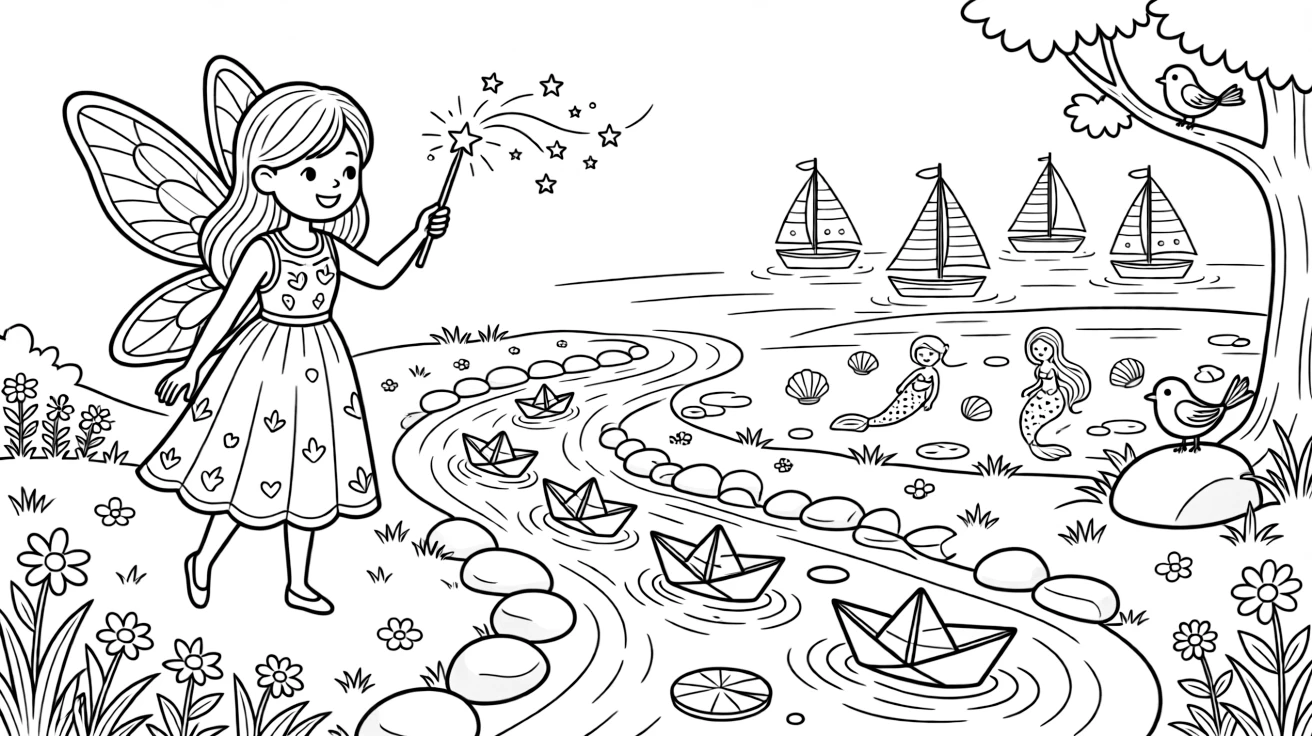 A fairy godmother girl waving a sparkling wand is racing paper boats down a bubbling brook in a glowing mermaid lagoon. Scattered nearby, little sailboats bobbing on the horizon and friendly songbirds perched close by give the moment a cozy feel.