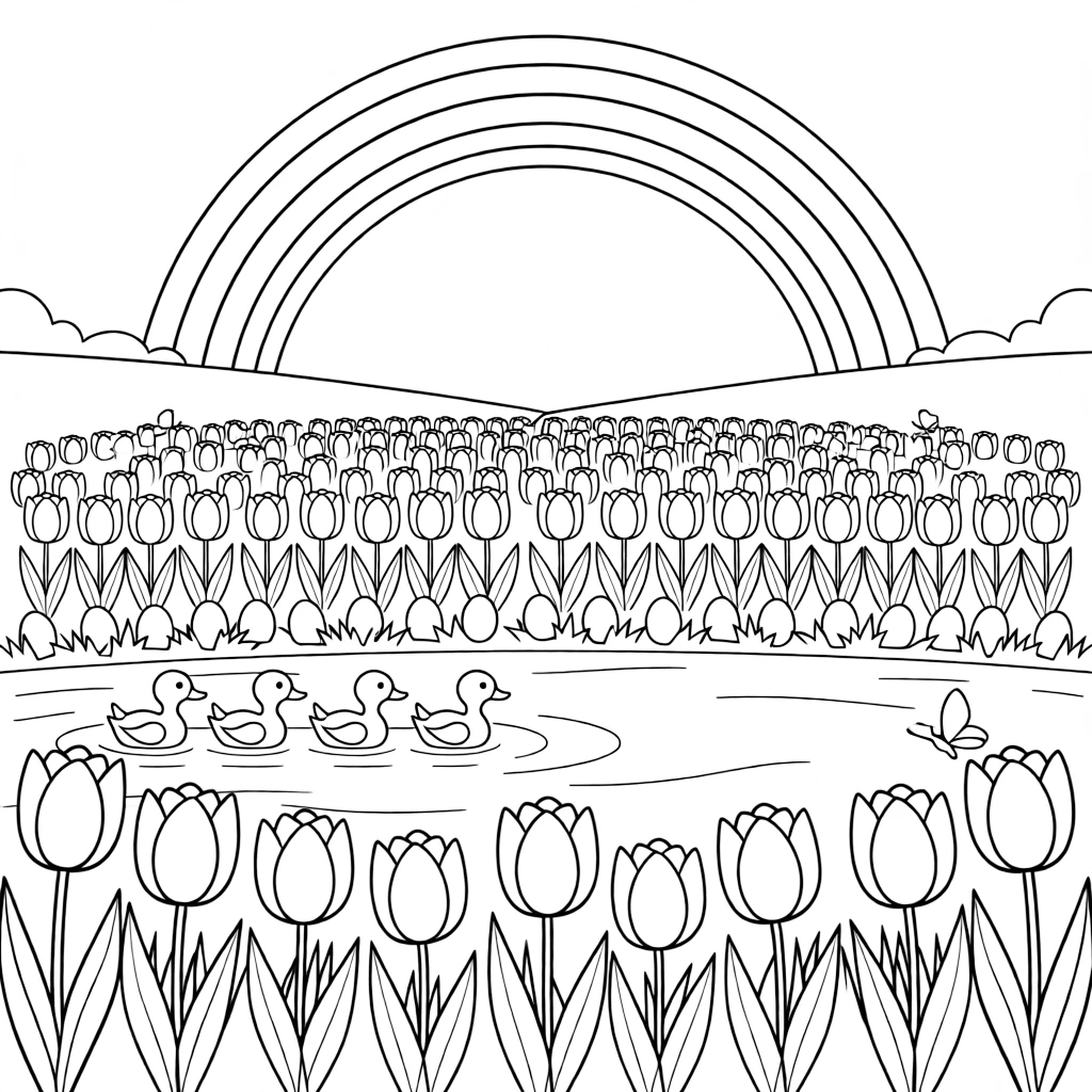 A close-up of rows of colorful tulips stretching to the horizon by a pond where ducklings paddle in a row, surrounded by a rainbow arching over the garden and a row of pastel eggs in the grass.